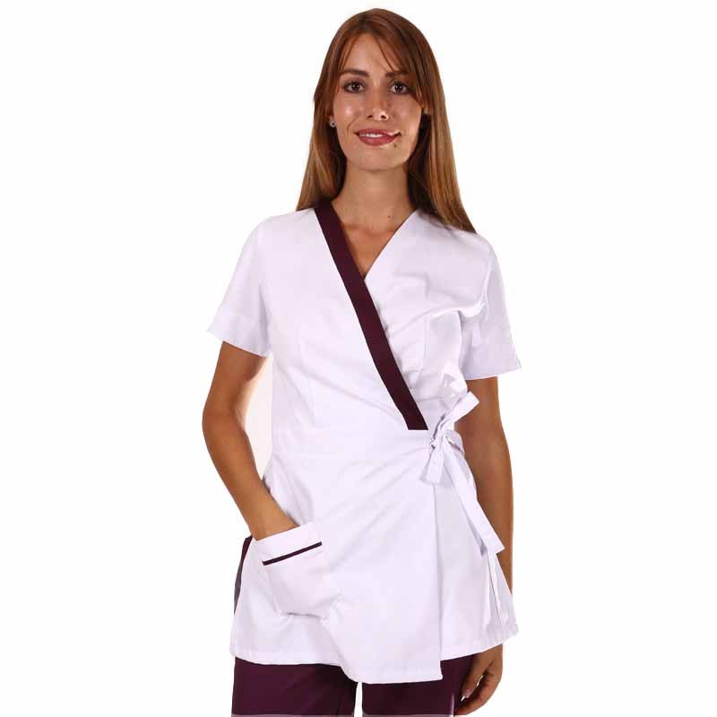 White and Burgundy Wrap-Over Beautician Blouse