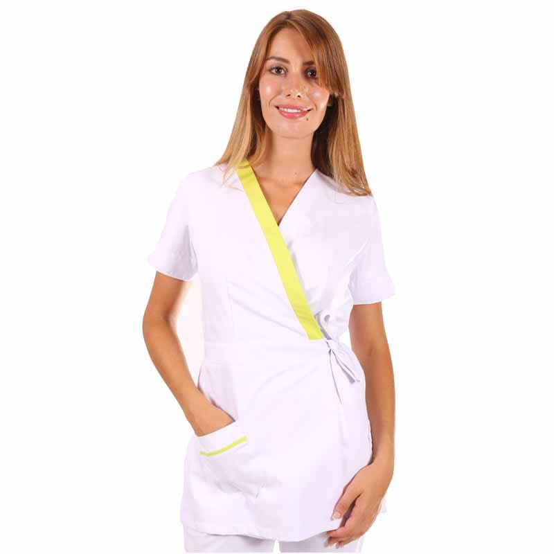 Women's Beautician Blouse, White and Lime Green