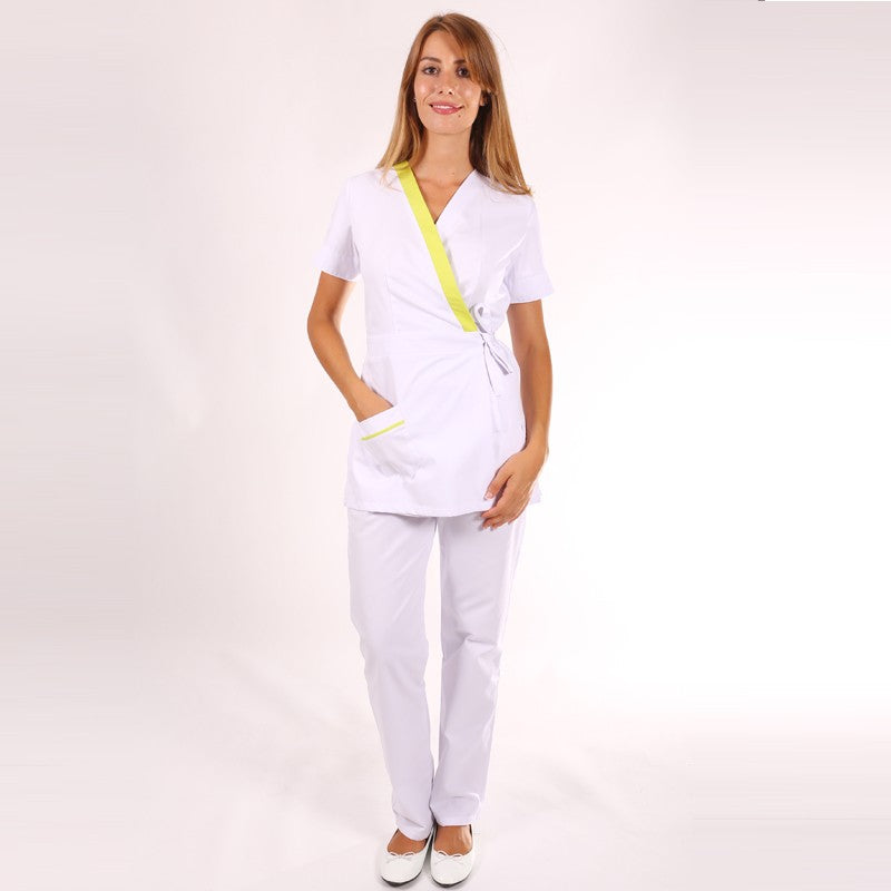Women's Beautician Blouse, White and Lime Green, Inès Model - MANELLI
