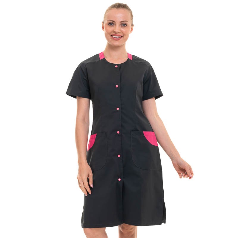 Women's Short-Sleeved Work Blouse in Charcoal and Raspberry