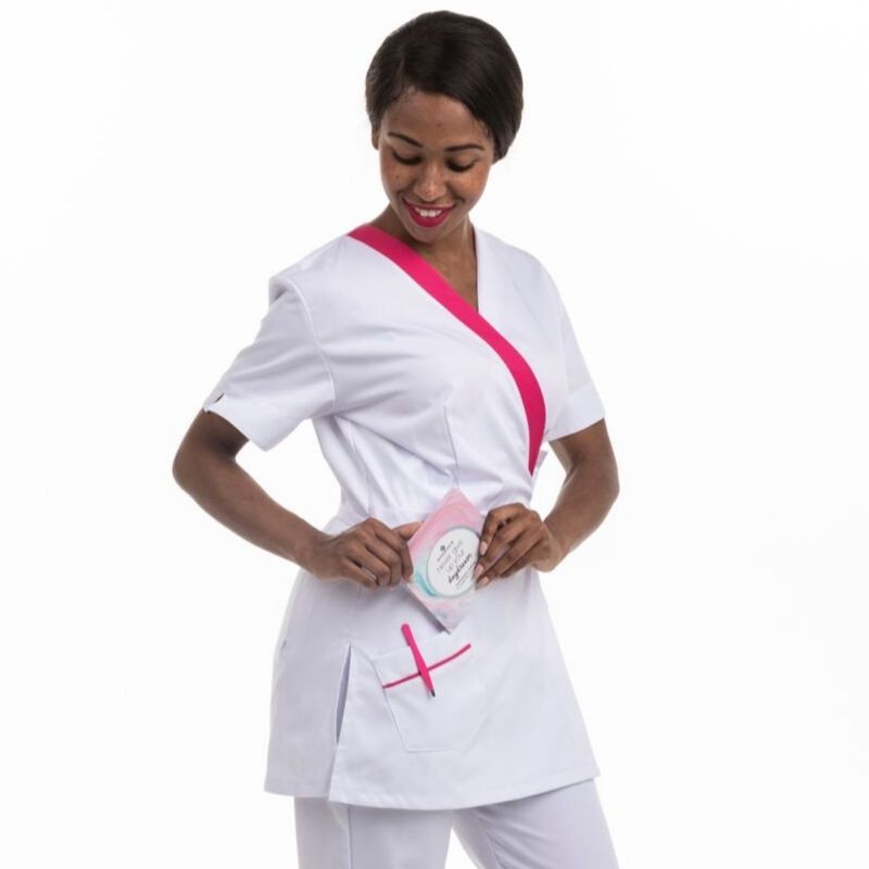 White and Pink Wrap-Over Beautician Blouse