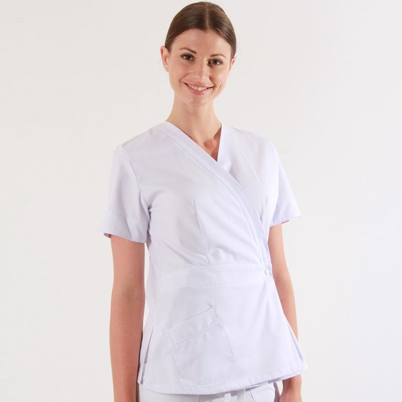 Women's Short Cut Beautician Blouse with Crossover Closure