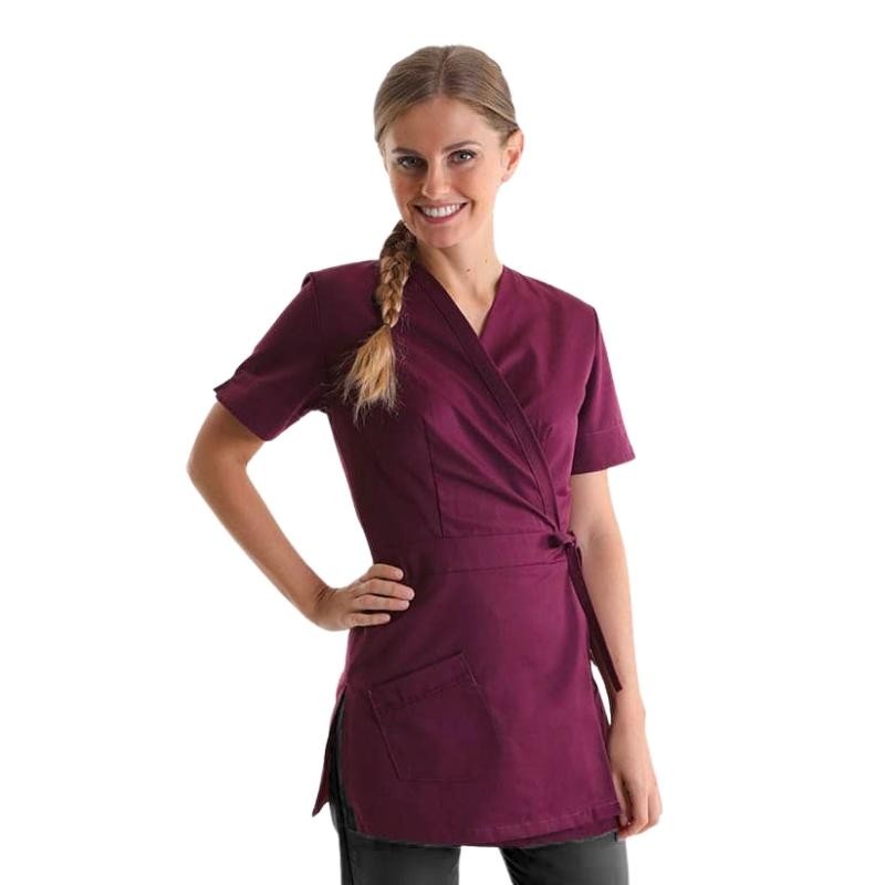 Long Plum Wrap Beautician Blouse Washable