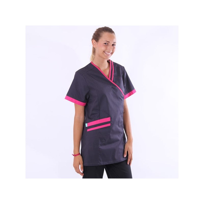 Women's Short Sleeve Medical Blouse Lilee Charcoal Grey and Pink