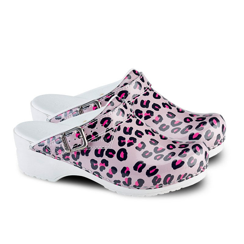 Women's Pink Leopard Medical Clogs with Adjustable Strap