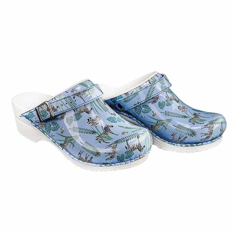 Women's Blue Medical Clogs with Zebra Pattern