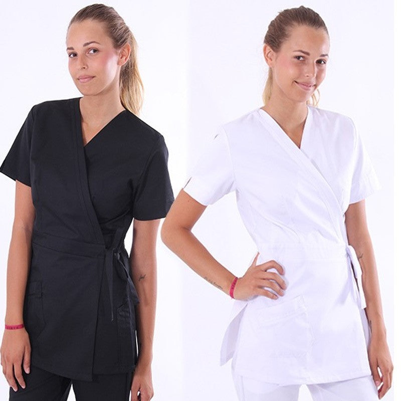 Long Black Wrap-Over Beautician Blouse Washable at 75°