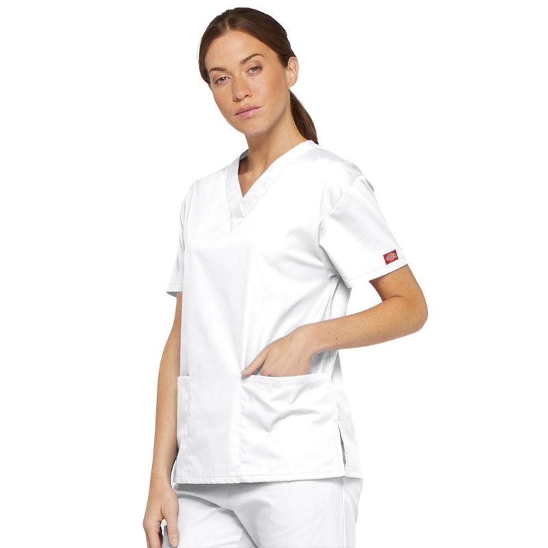 Unisex Medical Tunic Short Sleeves White V-Neck - DICKIES MEDICAL