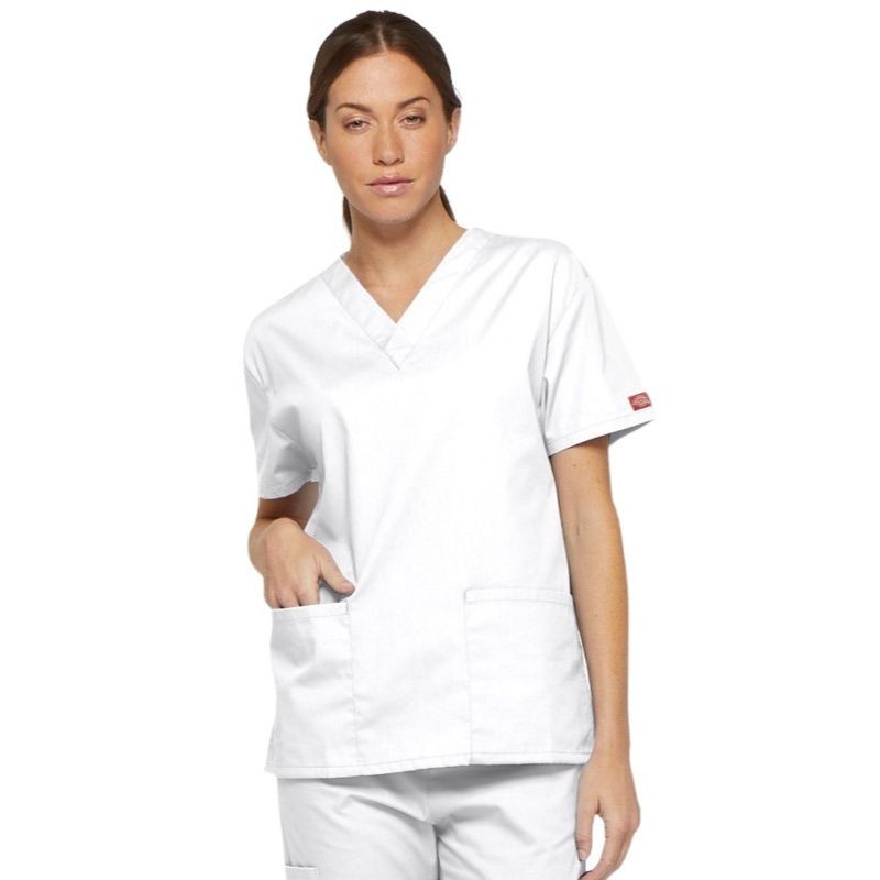 Unisex Medical Tunic Short Sleeves White V-Neck - DICKIES MEDICAL