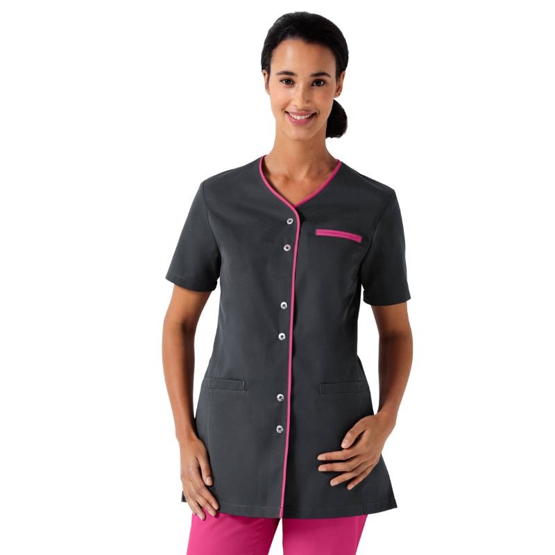 Women's Beautician Blouse Short Sleeves Anthracite Gray Pink Trim