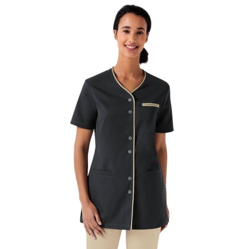 Women's Beautician Blouse Short Sleeves Anthracite Gray Pink Trim
