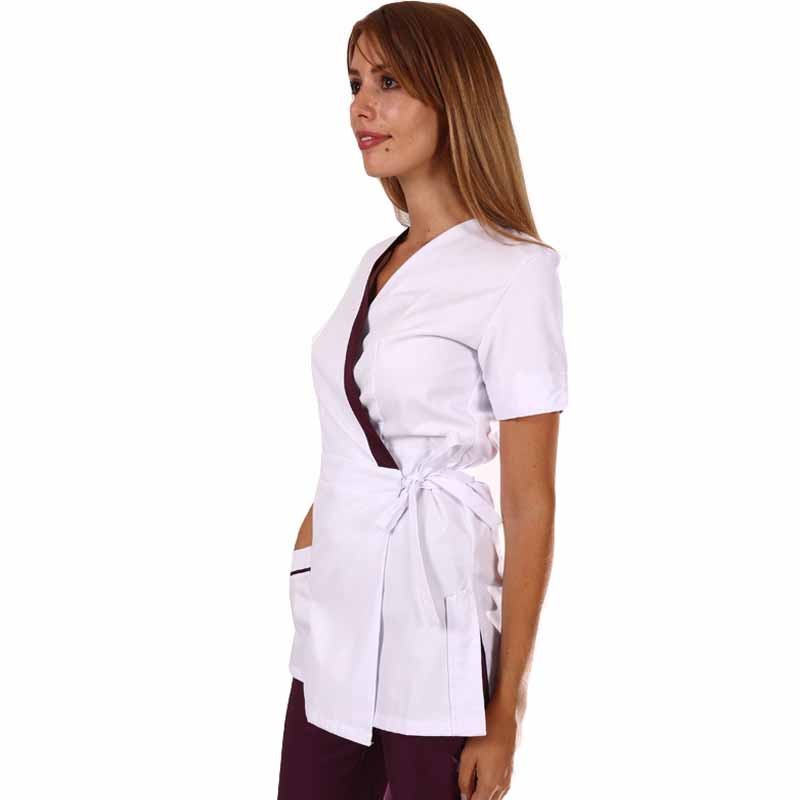 White and Burgundy Wrap-Over Beautician Blouse