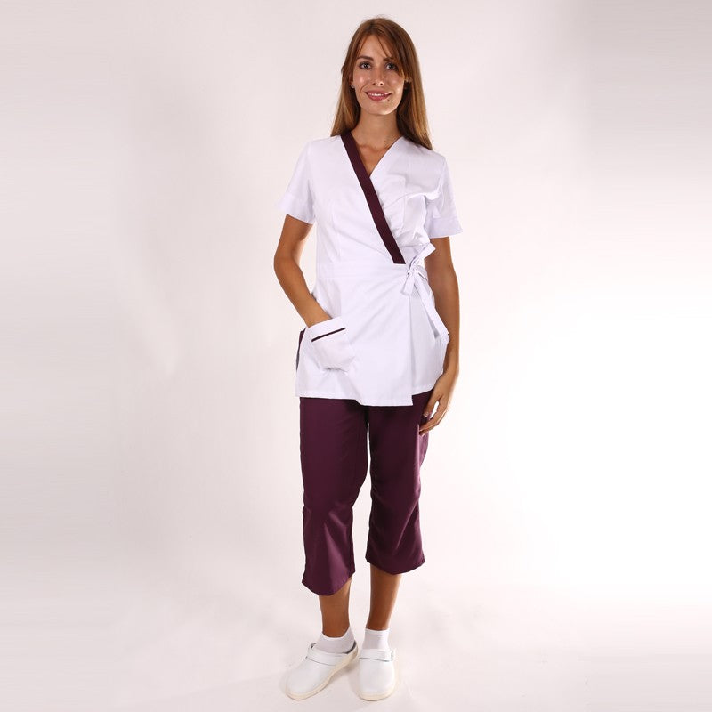 White and Burgundy Wrap-Over Beautician Blouse
