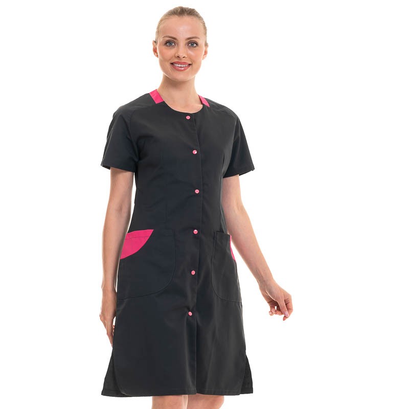 Women's Short-Sleeved Work Blouse in Charcoal and Raspberry