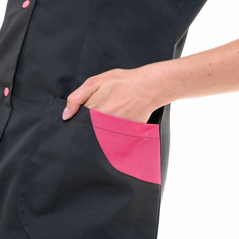 Women&#39;s Short-Sleeved Work Blouse in Charcoal and Raspberry