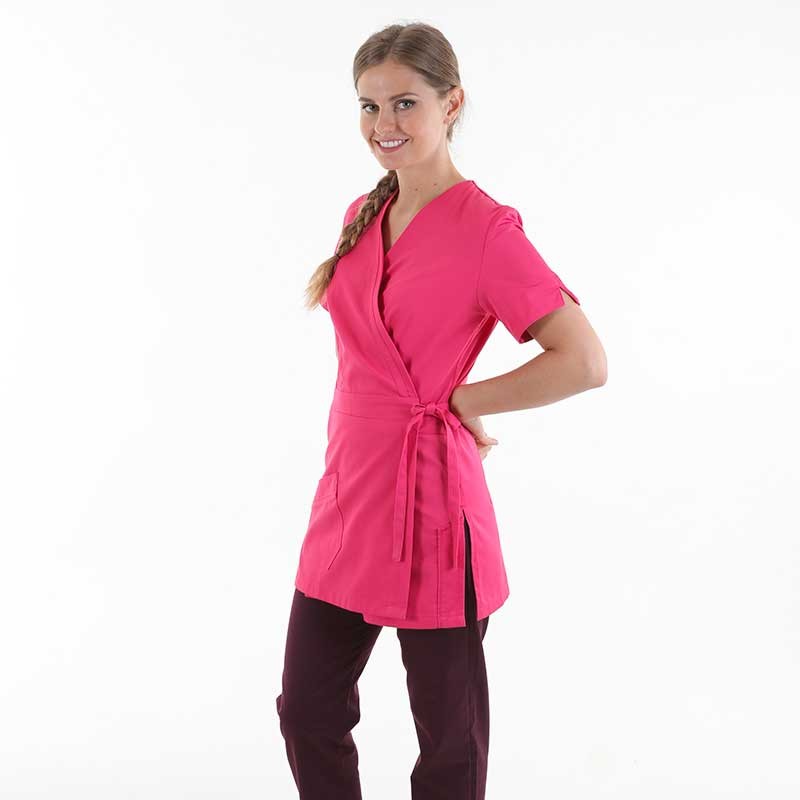 Long Wrap-around Beautician Blouse in Pink, Washable at 60° 