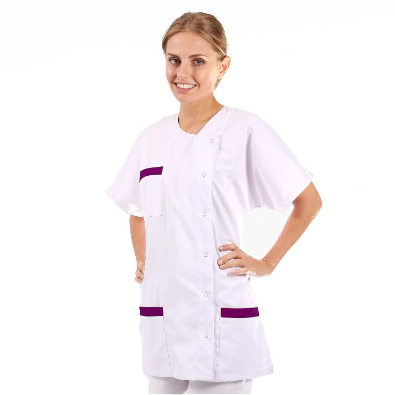 Women&#39;s Medical Blouse Short Sleeves White and Plum