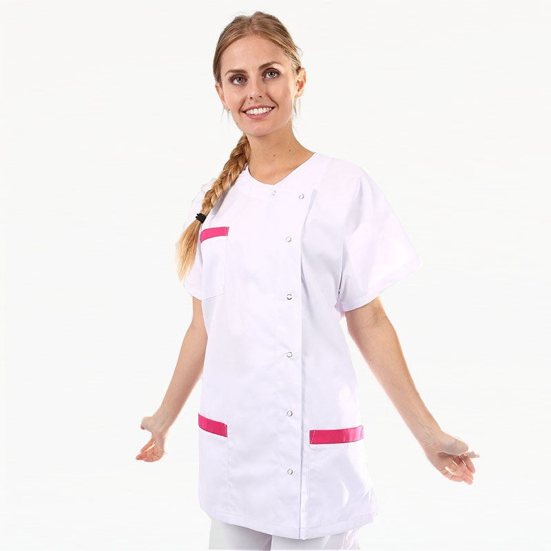 Women's Medical Blouse Short Sleeves White and Plum