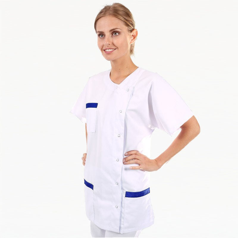 Women's Medical Blouse Short Sleeves White and Plum