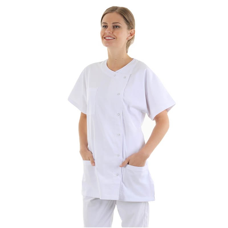 Asymmetric White Medical Blouse Washable at 75 degrees