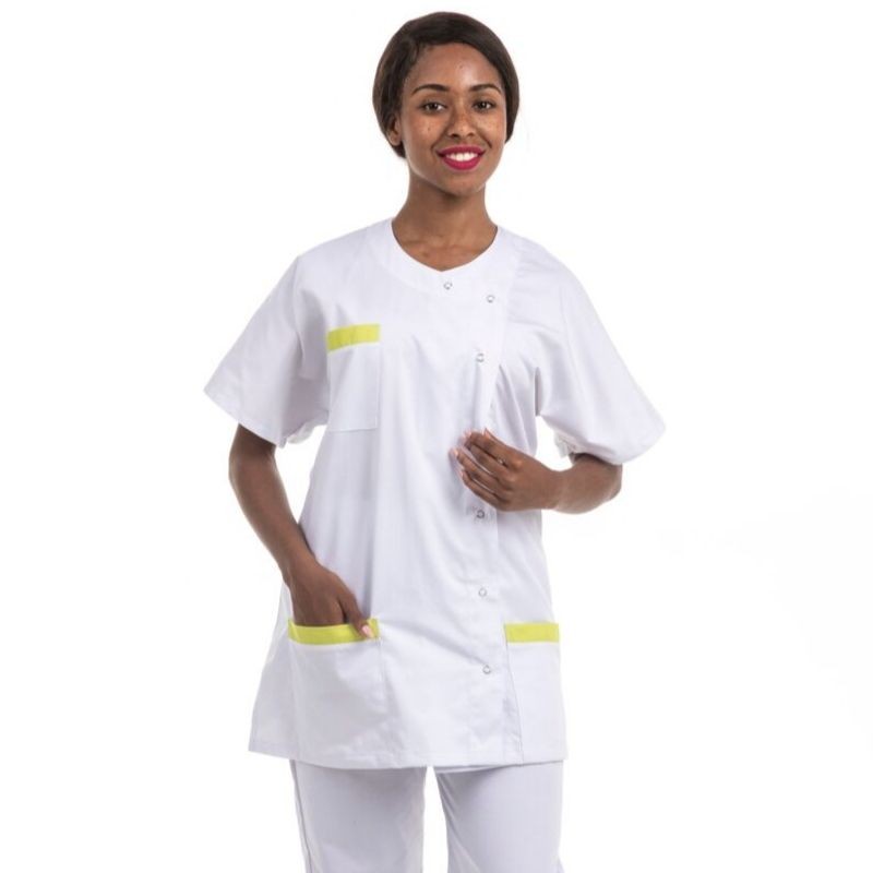 Women's Short Sleeve White and Pink Asymmetrical Medical Blouse 