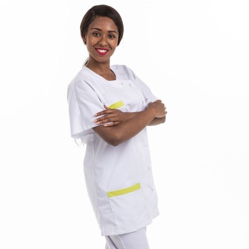Women's Short Sleeve White and Pink Asymmetrical Medical Blouse 