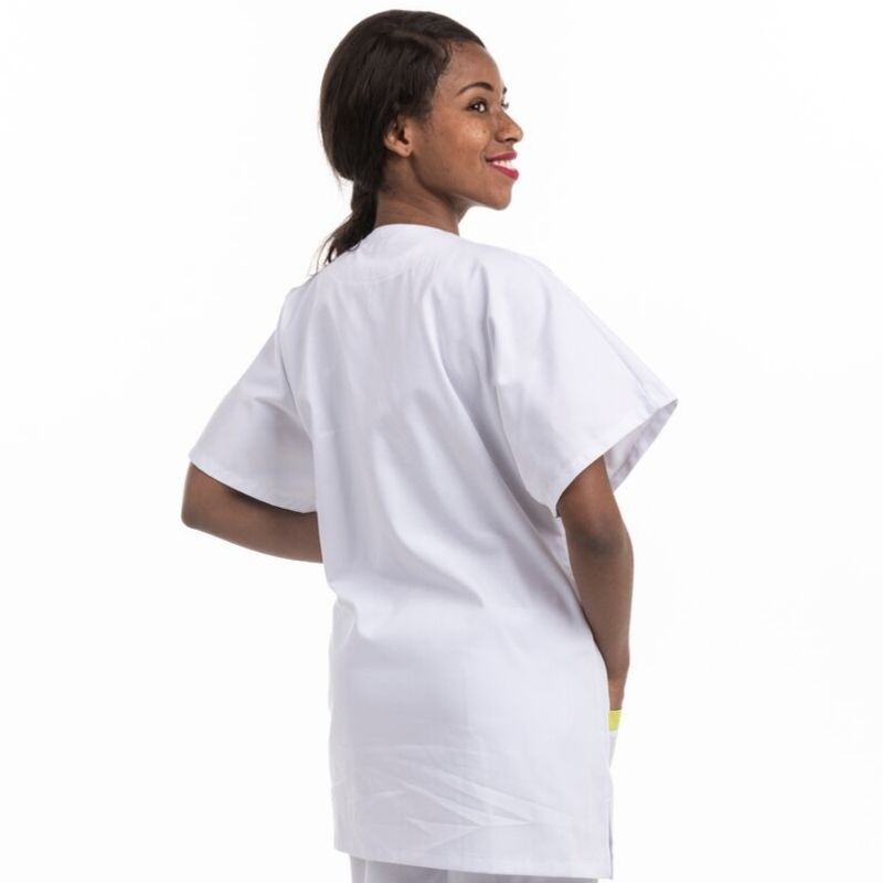 Women's Short Sleeve White and Pink Asymmetrical Medical Blouse 