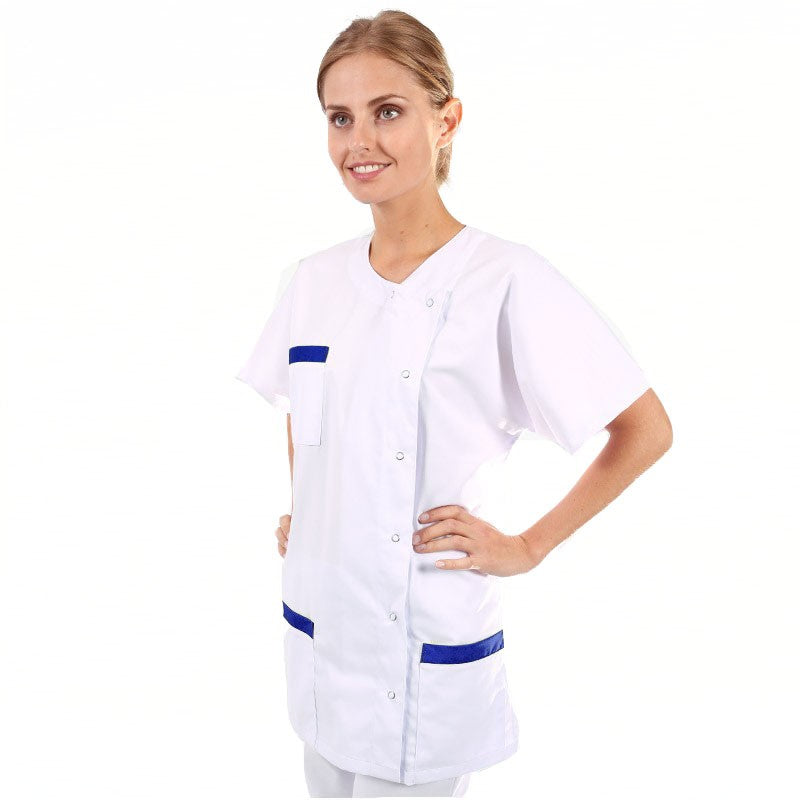Women's Short Sleeve White and Pink Asymmetrical Medical Blouse 