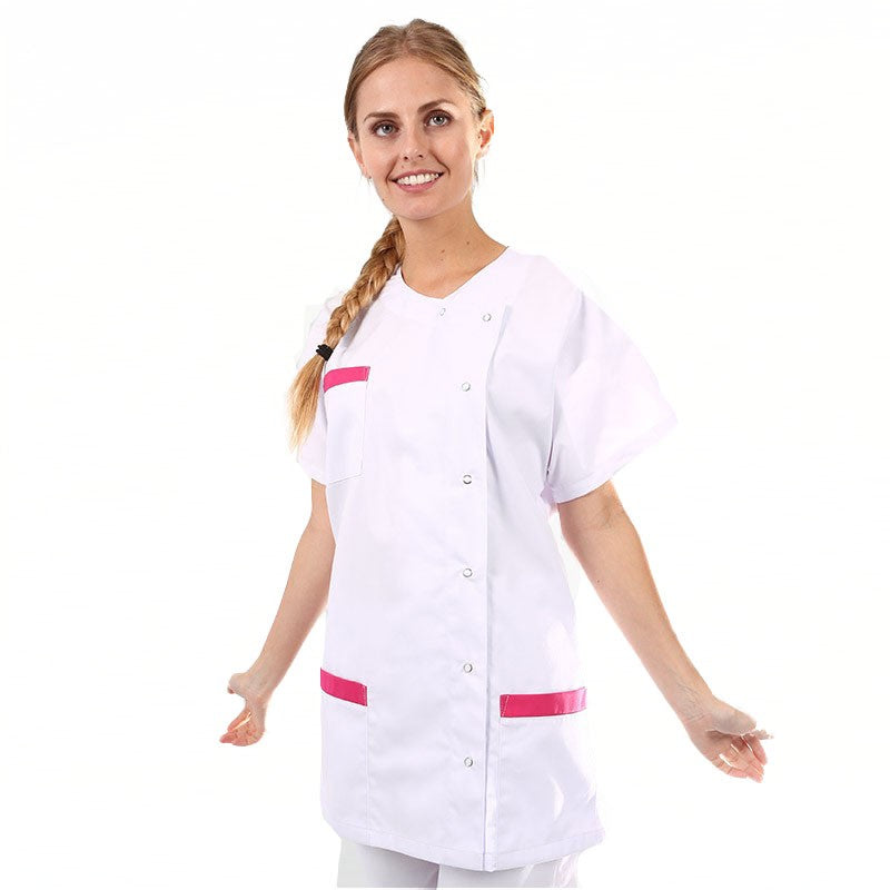 Women's Short Sleeve White and Pink Asymmetrical Medical Blouse 