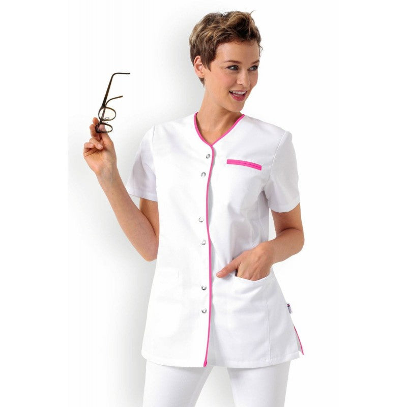 Women's Short Sleeve White Medical Blouse with Pink Trim