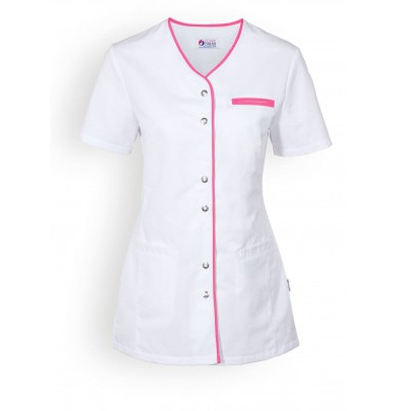 Women's Short Sleeve White Medical Blouse with Pink Trim