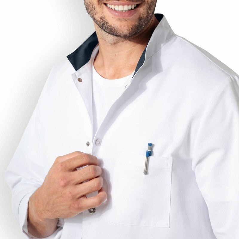 Men's Long Sleeve White Medical Blouse with Navy Blue