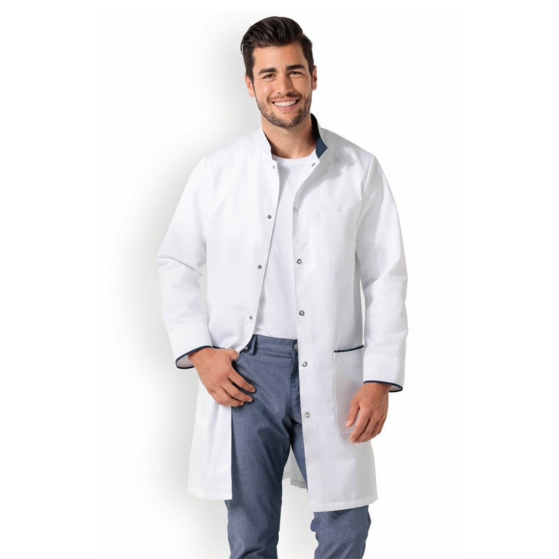 Men's Long Sleeve White Medical Blouse with Navy Blue Details - CLINIC DRESS