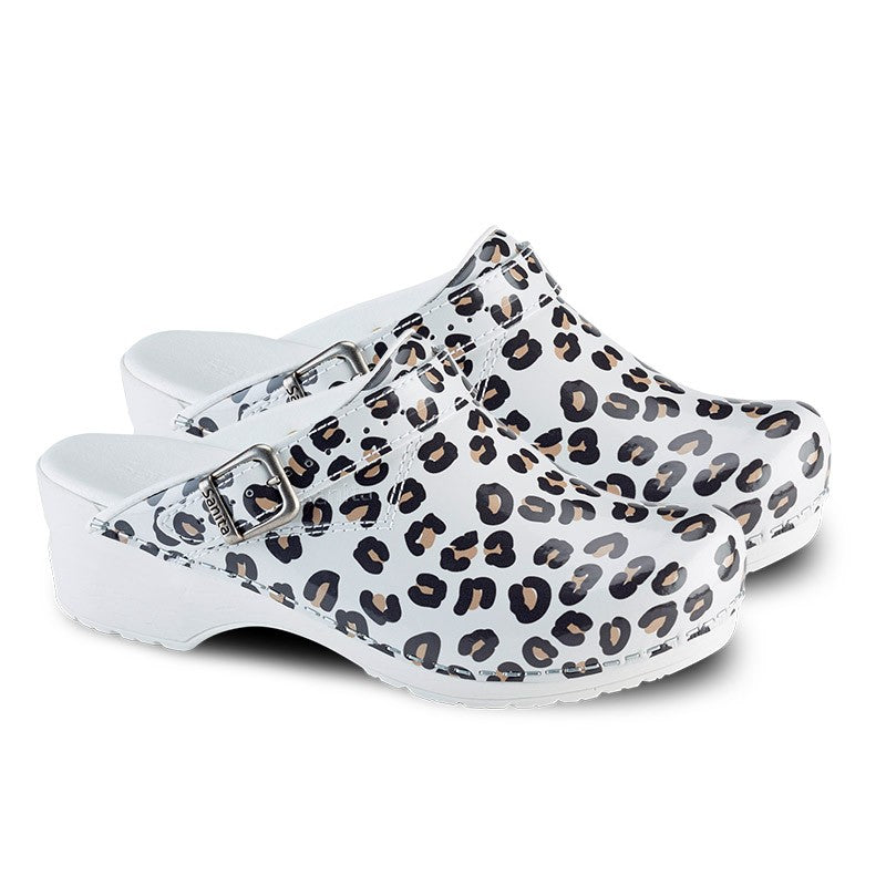 Women's White Leopard Medical Clogs with Adjustable Strap