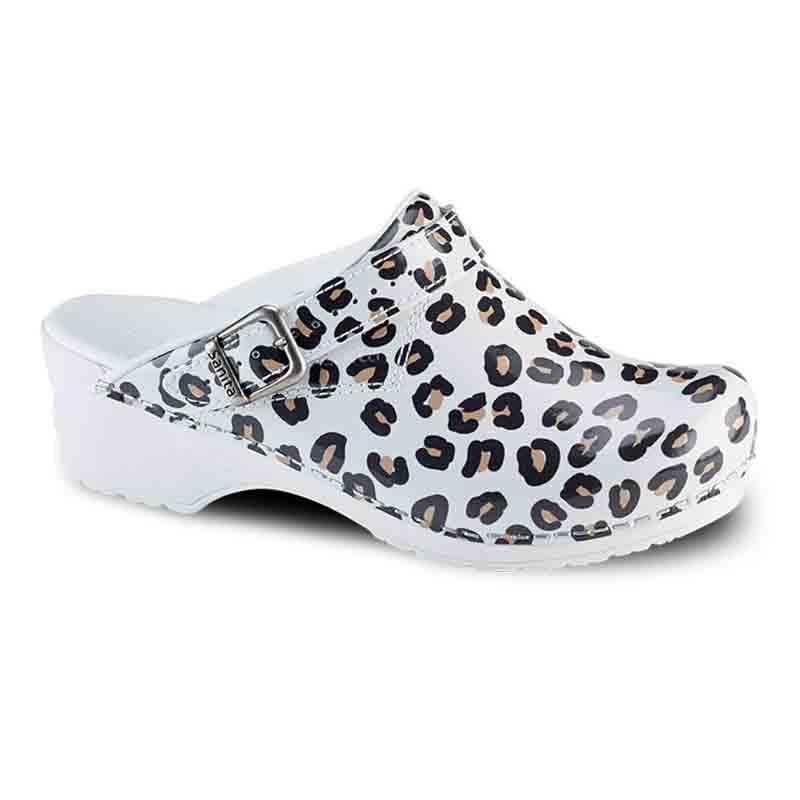 Women's White Leopard Medical Clogs with Adjustable Strap