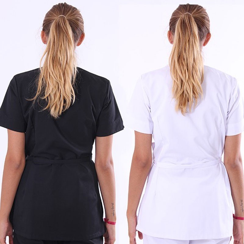 Long Black Wrap-Over Beautician Blouse Washable at 75°