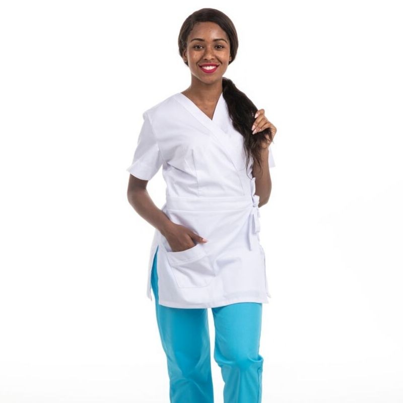 Long Black Wrap-Over Beautician Blouse Washable at 75°