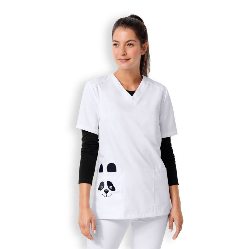 Women&#39;s Medical Tunic Short Sleeve White Panda Pattern